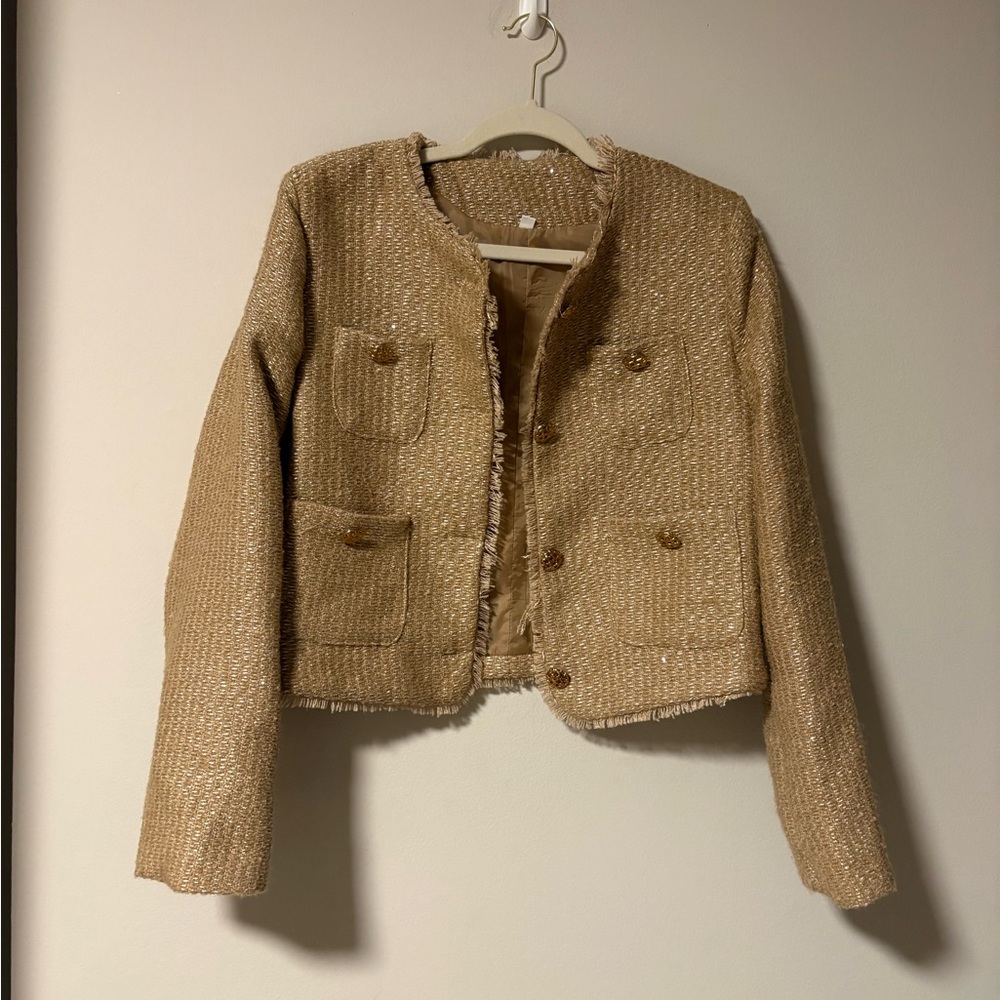 Women’s Beige Tweed Blazer Jacket Large - Picture 2 of 8